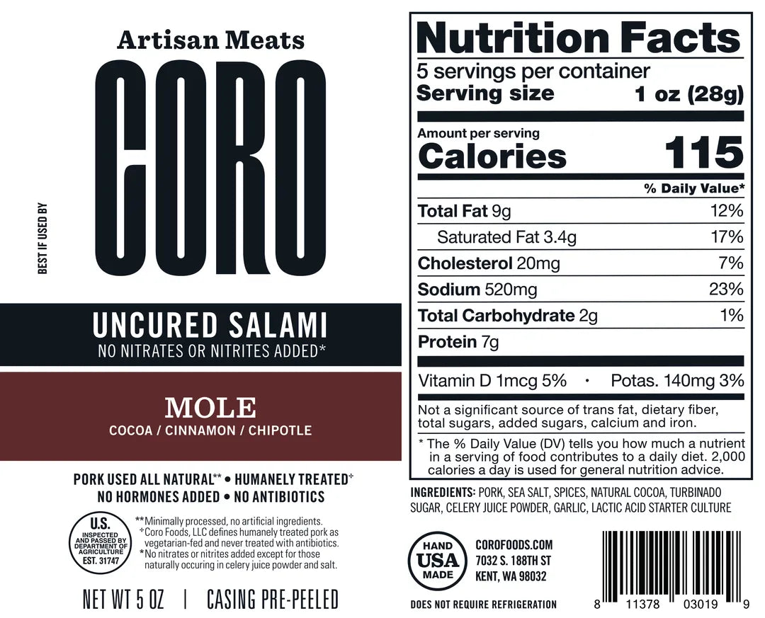Uncured Piccolo Chipotle & Cocoa Salami Stick 5oz
