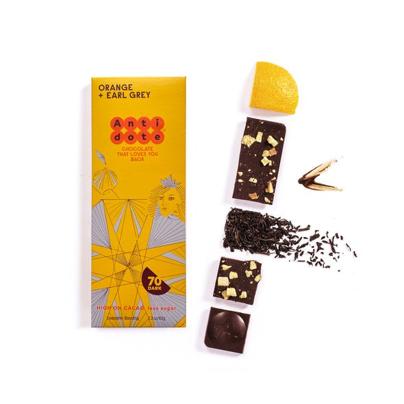 Antidote Queen O: 70% Dark Chocolate Bar with Earl Grey + Orange, 2.3 oz.