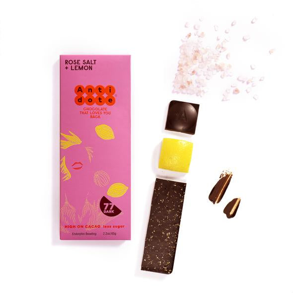 Antidote Hebe: 77% Dark Chocolate Bar with Rose Salt + Lemon, 2.3 oz.
