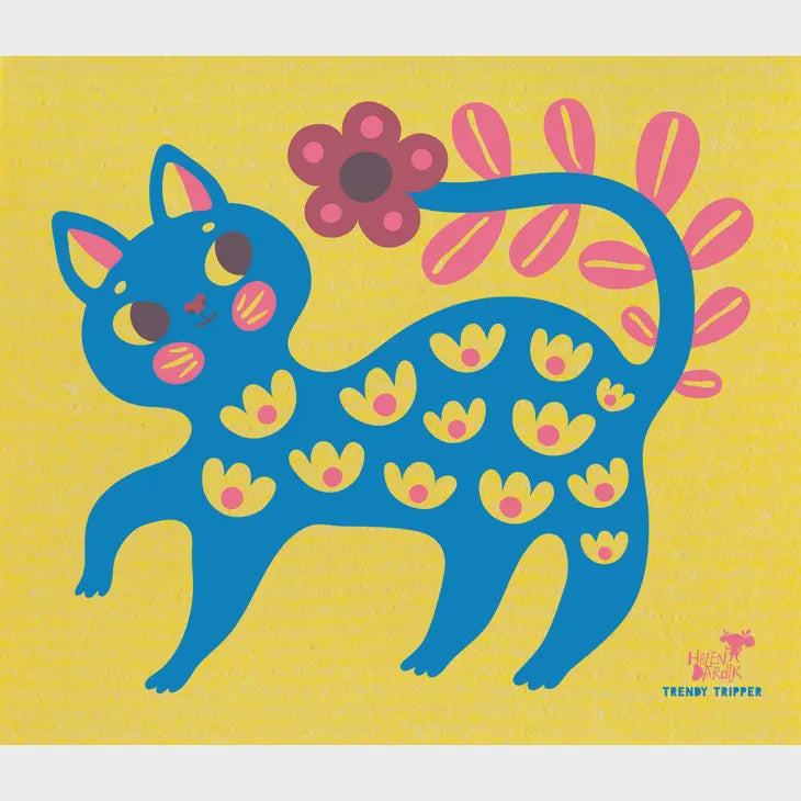 Blue Cat on Yellow Swedish Cellulose Dishcloth