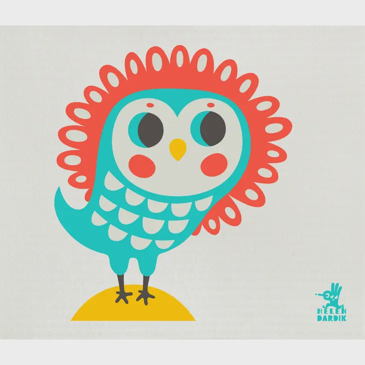 Owl, Red + Turquoise Swedish Cellulose Dishcloth