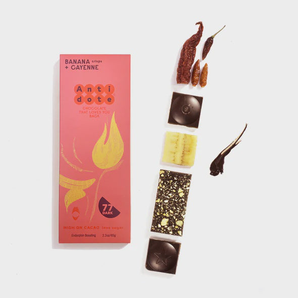 Antidote Hestia: 77% Dark Chocolate Bar with Banana + Cayenne, 2.3 oz.