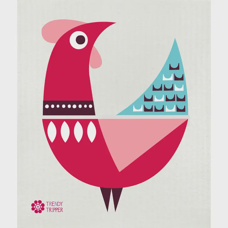 Modern Rooster Red Pink Turquoise on Natural