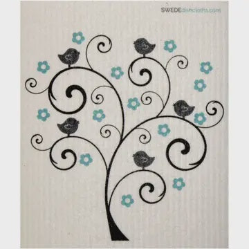 Bird and Flower Tree Swedish Cellulose Dishcloth