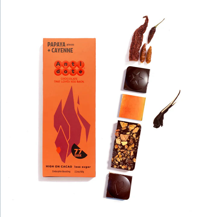 Antidote Hestia:  77% Dark Chocolate Bar with Papaya + Cayenne, 2.3 oz.