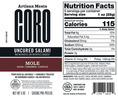 Uncured Piccolo Chipotle & Cocoa Salami Stick 5oz