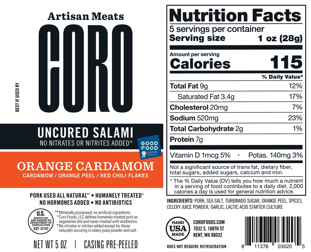 Uncured Orange Cardamom Salami 5oz Piccolo