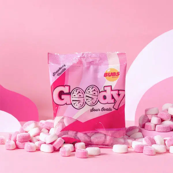 BUBS Godis: Sour Strawberry Vanilla Goody Ovals, 90 gr