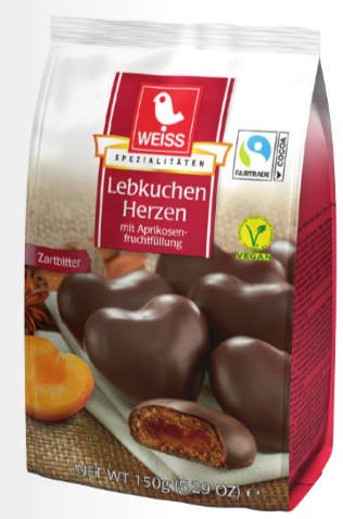Weiss Fruit Filled Dark Chocolate Lebkuchen Hearts Bag, 5.29 oz.