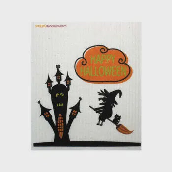 Halloween Witch on Broomstick Swedish Celloluse Dishcloth