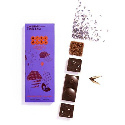 Antidote Panakeia:  84% Dark Chocolate Bar with  Lavender + Red Salt, 2.3 oz.