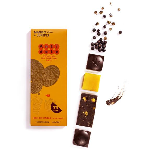 Antidote Hybris:  73% Dark Chocolate Bar with Mango + Juniper, 2.3 oz.