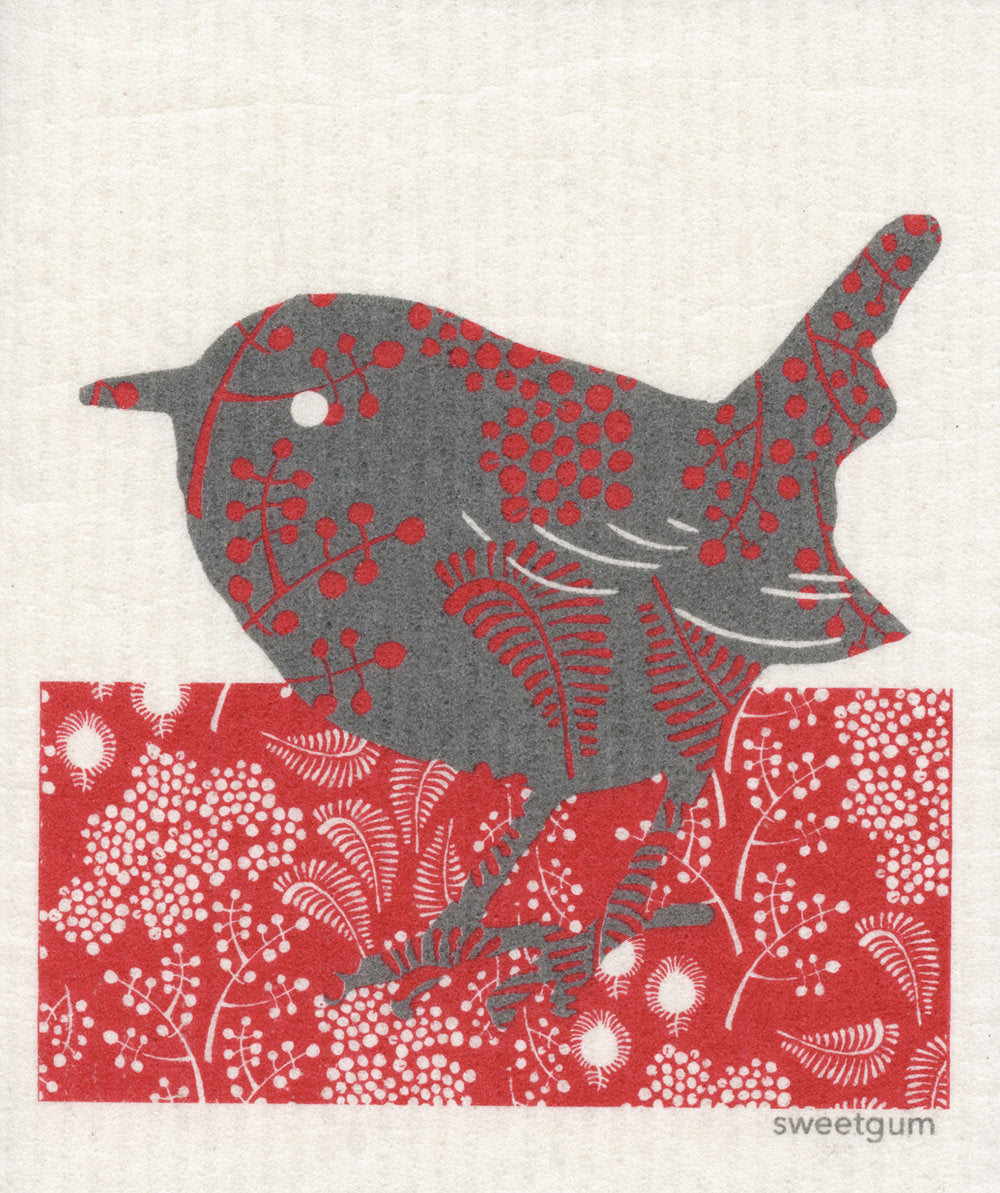 Red & Grey Bird Swedish Cellulose Dishcloth