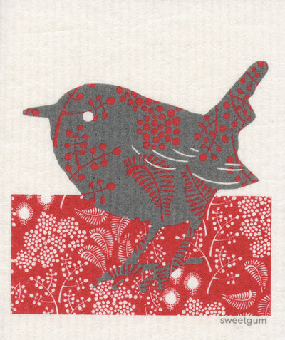 Red & Grey Bird Swedish Cellulose Dishcloth