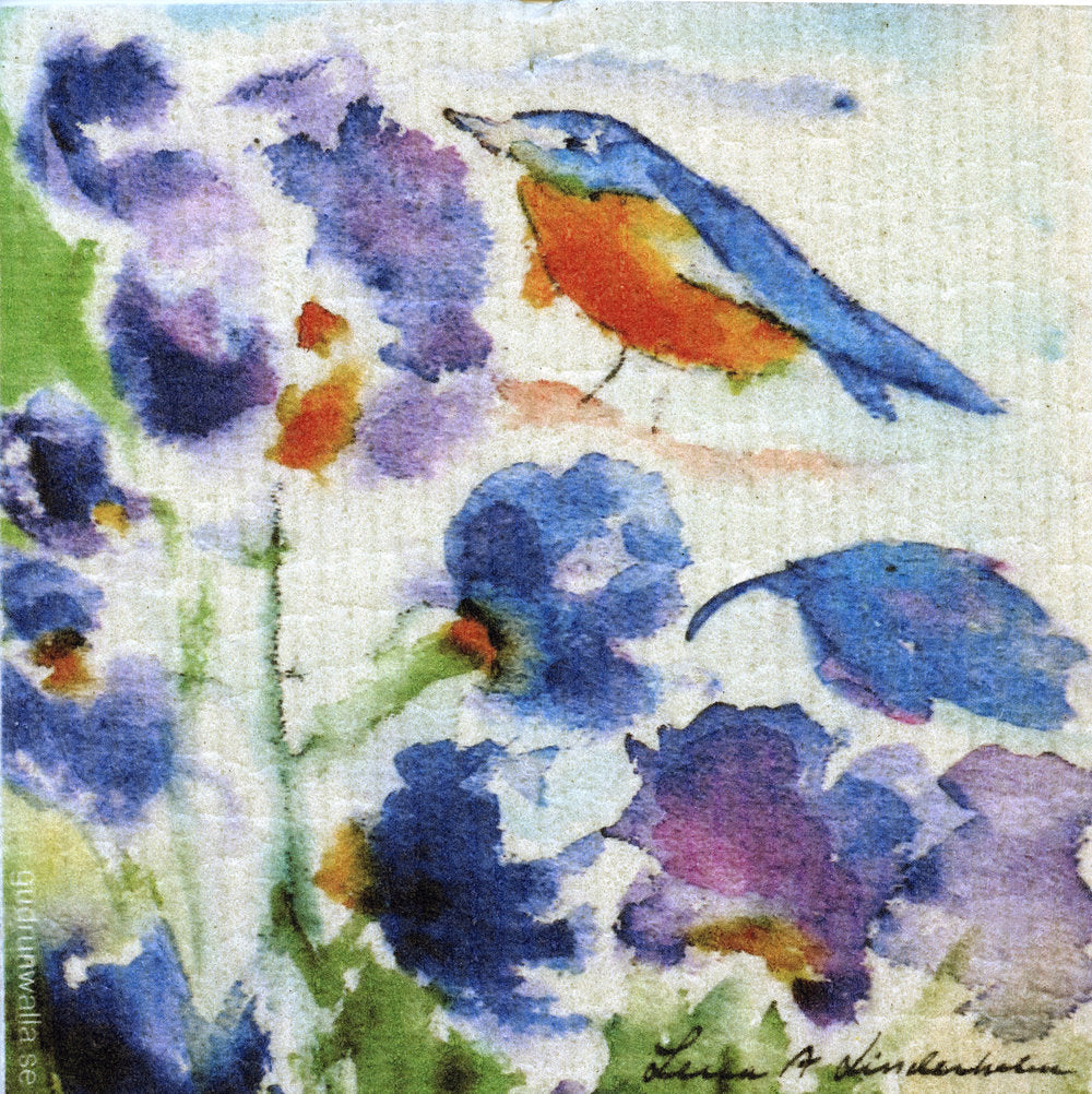 Blue Bird & Flowers Swedish Cellulose Dishcloth