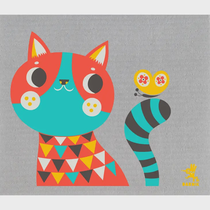 Cat, Red + Turquoise on Grey Swedish Cellulose Dishcloth