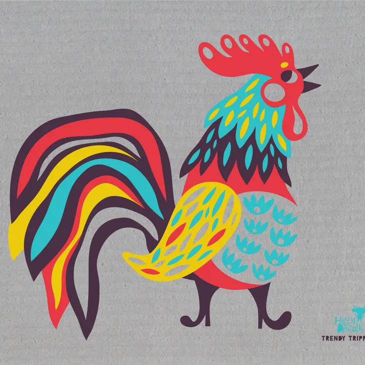 Fancy Rooster on Grey Swedish Cellulose Dishcloth