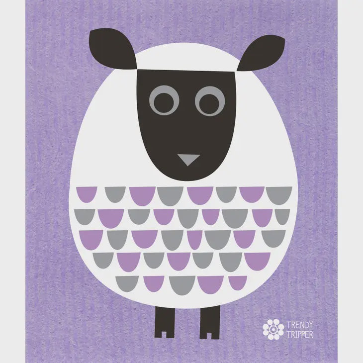 White Sheep on Purple Swedish Cellulose Dishcloth
