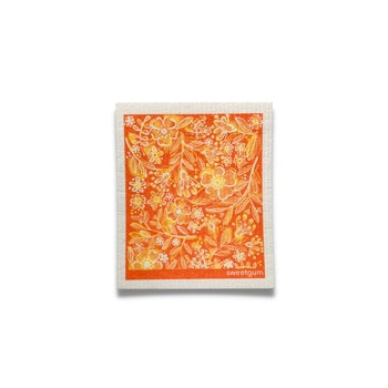 Flowers & Leaves in Orange Swedih Cellulose Dishcloth