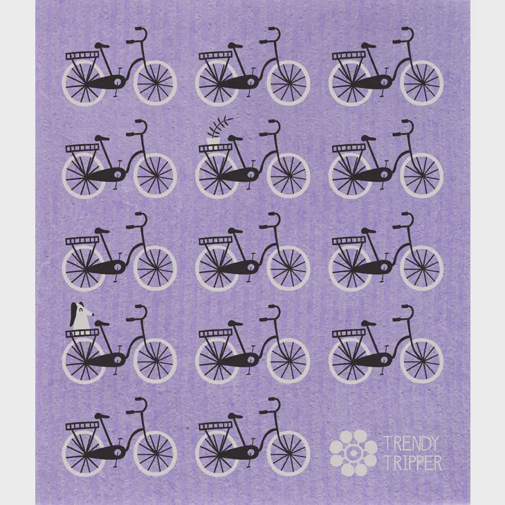 Small Bicycles w/Dog, Black & White on Purple